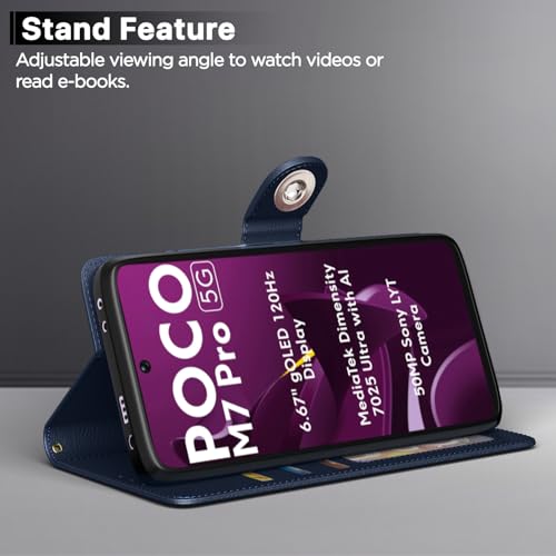 Image of Pikkme Flip Cover Leather Finish | Inside TPU with Card Pockets | Wallet Stand and Shock Proof | Complete Protection Button Flip Case for Poco M7 Pro 5G(Blue)