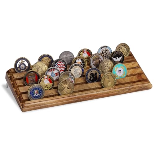 MOCAS Challenge Coin Display Holder Acacia Wood Coin Stand Holds 40 Coins 5 Row Military Coin Rack with Non-Slip Base Challenge Coin Display Case for Collectors