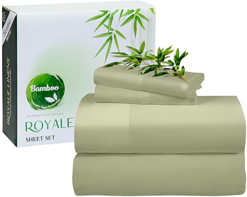 Image of Royale Linen Bamboo Viscose Queen Sheet Set - Cooling Bed Sheet Set - 1 Fitted 1 Flat & 2 Pillowcase - Fits Up to 16 - Organic Viscose Derived from Bamboo - Bedding Sheet &Pillowcase (Queen,SageGreen)