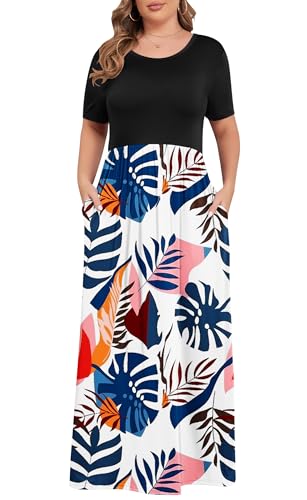 Image of KARALIN Women Plus Size Maxi Dress Short Sleeve Round Neck Loose Fit A-Line | Plus Size Long Dress,Summer Casual Maxi Dresses,Short Sleeve,Side Pockets,Round Neck,Elastic Waist,14 Plus - 26 Plus