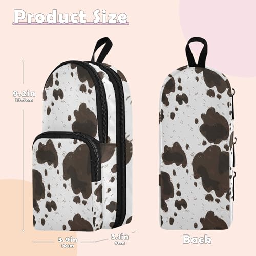 Image of ZAZYXTJ Cow Print Standing Large Capacity Pencil Case 3 Compartment Pen Pouch Storage Canvas Makeup Bag for School Office Teen Girl Boy Men Women
