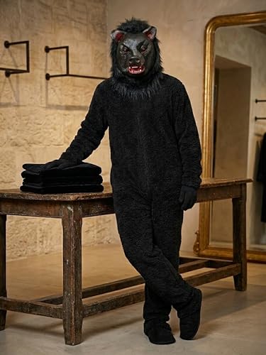 Image of Premium Fur Black Bear Mascot Costume, Full Body Soft Plush Animal Costume with Realistic Mask, Jungle Theme for Kids & Adults, Halloween & Stage Show Outfit