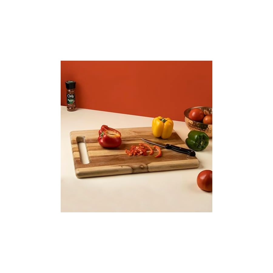 GoCraft Teak Wood Rectangular Cutting Board | Wooden Serving Board with Cut-Out Handle, Cheese Board, Charcuterie Platter, Chopping Board for Vegetables, Meat, Cheese - 16.75" x 12.5"
