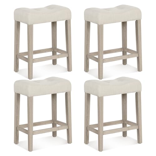 Image of Giantex 24 inch Bar Stools Set of 4, Upholstered Counter Height Saddle Bar Stools with Footrest and Wood Legs, Farmhouse Button Tufted Backless Barstools for Kitchen Island, Dining Room, Cafe, Beige