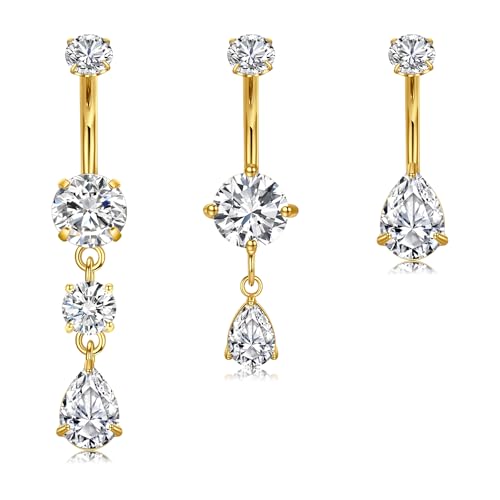 MODRSA 14G Gold Belly Button Rings Stainless Steel Dangle Diamond CZ Belly Bar Belly Piercing 10MM Navel Piercing Bananabells Bar Women