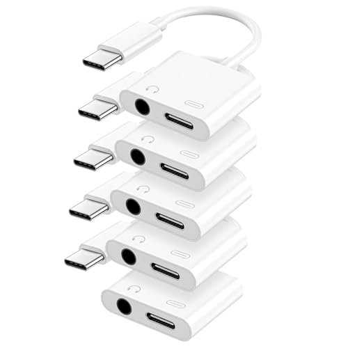 USB C to 3.5mm Headphone and Charger Adapter, Type C to Aux Jack Dongle Cable Cord with PD Fast Charging for iPhone 15/16/17 Pro/Max/Plus, iPad, Samsung Galaxy S22/S23/S24 Ultra, Note 20(5-Pack)
