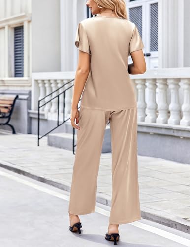 Image of Ekouaer Women's Satin Silky Pajama Set 2 Piece Short Sleeve Shirt with Long Pants Pjs Sets Soft PJ Loungewear S-XXL