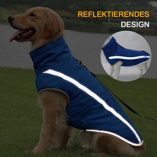 Voarge Wasserdichter Hundemantel Winter Warme Jacke, Reflektierende Verstellbare Outfit Winter Jacke für kleine mittelgroße Hunde mit Geschirrloch (Blau, 3XL)