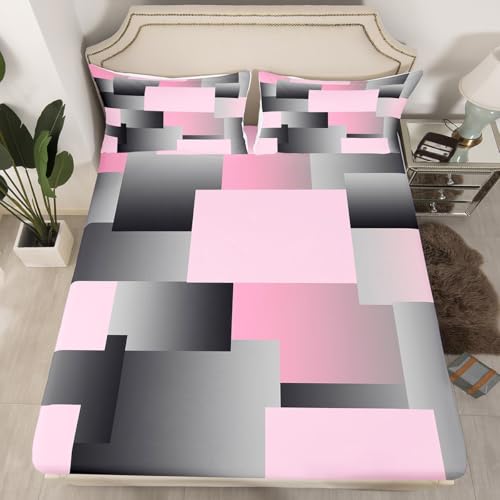 Erosebridal Geometric Square Fitted Sheet for Boys,Pink Abstract Geometry Girls Queen Bedding Set Modern Geometric Rectangle Bed Sheets for Kids Teen Adults,Graphic Rendering Artwork Bed Cover