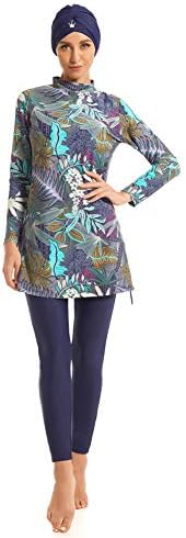 seafanny Bescheiden badpak voor dames, 3 stuks, volledige bedekking, Hijab Burkini(Blauwe Bladeren 36-38) S