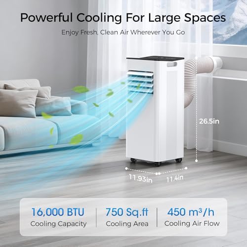 Image of 16000 BTU Portable Air Conditioner for Large Rooms & Bedrooms up to 750 Sq.Ft, Ultra Quiet 40dB Smart WiFi AC, 5-in-1 Cooling with Dehumidifier, Fan, Sleep Mode & Timer(White)