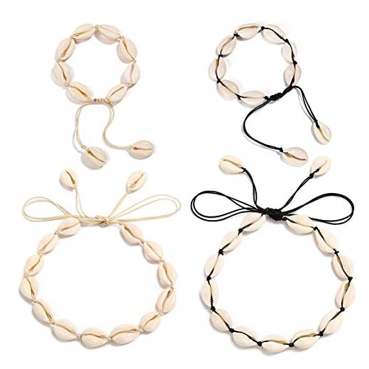 INTVN Collar Conchas y Pulsera Conchas 4 Piezas Joyas para Mujer Niña Vintage Choker Pulsera Ajustable Cordón Collar Gargantilla Conchas Verano Playa Bohemio Collares Pulseras Regalo Joyeria Set