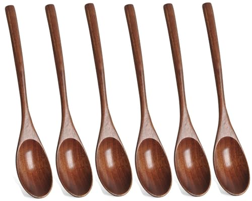 Kucensi Holzlöffel Esslöffel 6 Stück im japanischen Stil Küchengerät langen Griff Nanmu Holz Suppenlöffel Set Kochlöffel zum Essen Mischen Rühren Kochen