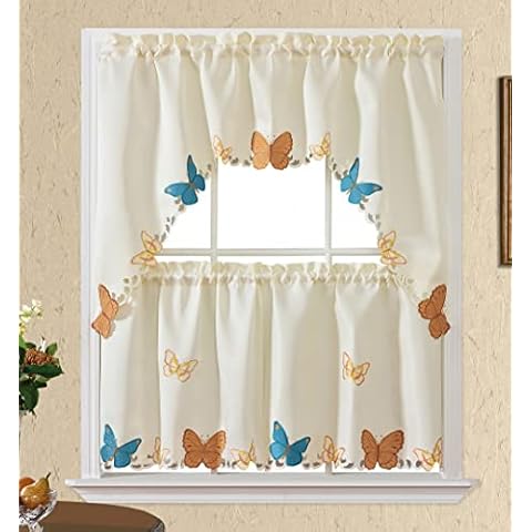 Butterfly Party. 3pcs Kitchen Cafe Curtain Set. Applique Embroidery of Butterfly in 2 Partner Colors. (Blue & Gold, Swag and 24 inches Tiers Set) Cover