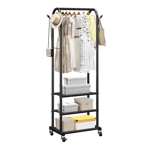 VEVOR Clothes Rack, Rolling Clothing Garment Rack with Hanging Rod and Side Hooks, 3 Storage...