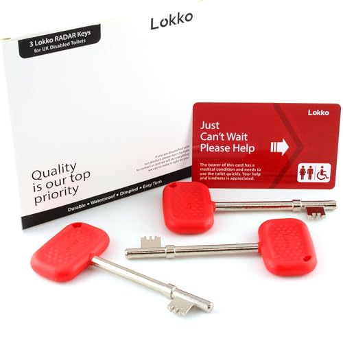 Lokko Lot de 3 clés radar pour toilettes handicapées - Boîte avec carte d'utilisation des toilettes - Rouge - Poignée alvéolée, durable, imperméable, facile à...