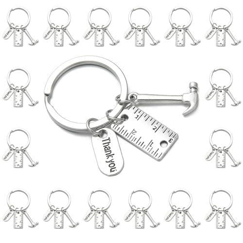PHAETON 20PCS Toolbox Pendant Keychain Hammer & Ruler Charm Keychain with Thank You Tag for Dad, Fatherâ€™s Day Birthday Gifts Builders, Construction Team, Handyman Appreciation Keyring