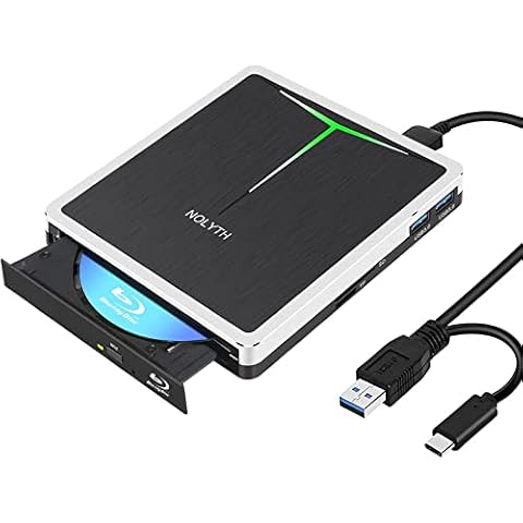 NOLYTH Externes Blu Ray Laufwerk USB 3.0 Type-C Bluray Laufwerk Extern BD 3D CD DVD RW ROM Bluray Brenner mit USB Ports & SD/TF, Slim Blu-ray Laufwerk für Laptop Mac PC MacBook Air Pro Windows 11 10 Cover