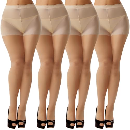 Image of Buauty 4 PCS 20D High-Waist Black Sheer Pantyhose for Women with Reinforced Toes, Perfect for Halloween