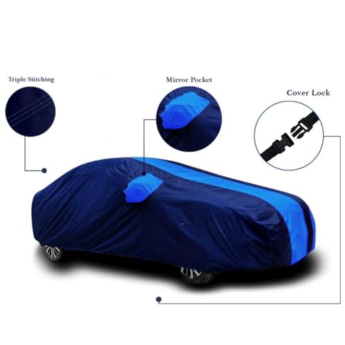 Image of RSP Aarvik Waterproof Car Body Cover Compatible with Mirror for Maruti Suzuki 800 with Long Lasting Durable Material Triple Stitched Elastic (2006-2025) Year Models (Blue Stripe)