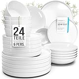 Porzellan Geschirrset 6 Personen Crystal 24 tlg. TESTSIEGER, Cooles klares Porzellan Geschirr Set, Schüssel- und Teller Set, Tafelservice 6 Personen, Geschirrsets Pure Living in weiß
