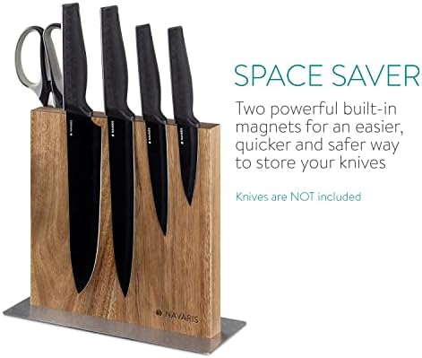 Navaris Double Sided Wooden Magnetic Knife Holder - Universal Wood Magnetic Block for Knives, Scissors, Kitchen Cutlery - Acacia, 22.5 x 22 cm