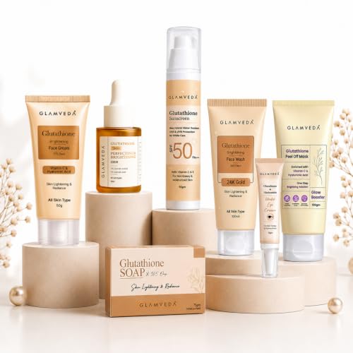 Image of Glamveda Glutathione Skin Brightening | Face Wash, Peel-Off Mask, Serum, Cream, Sunscreen, Under Eye Cream & Soap| 7 Step Skincare Combo for Glowing, Even-Toned Skin