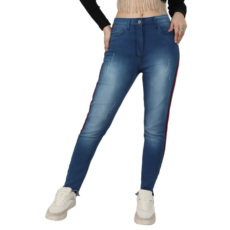 Image of PINACOLADA Women's Side-Striped Denim Jeans for Casual Wear | Light-Wash | Regular Fit | Button Closure | Cotton Denim Jeans Crafted with Comfort Fit for Everyday Wear