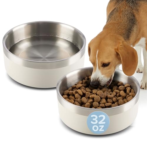 Set of 2 Stainless Steel Dog Bowls - 32oz/4 Cups Double Wall Insulated Food and Water Bowls for Dogs and Cats, Non Slip Metal Pet Dishes for Small-Medium Pets, Puppy Essentials by PETMAKER (Cream)