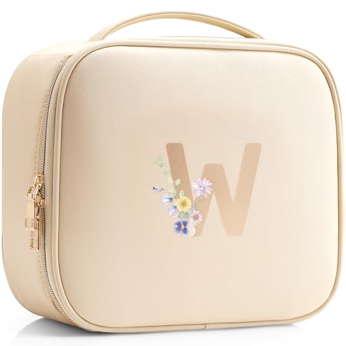 Vlando Travel Makeup Bag, Makeup Bag Organizer,Gift Ideas for Women Girls,Makeup Storgae Bag with Dividers and Handle,Gifts for Christmas,Birthday,Wedding Beige A.Beige M