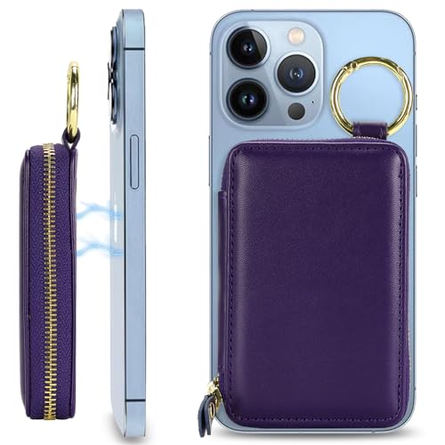 Image of Compatible with MagSafe Wallet,Magnetic Wallet for iPhone iPhone 16 Pro Max /15 Pro /14 Plus /13 /12 Series,Leather Zipper Pocket Card Holder Adjustable Stand-Light purple