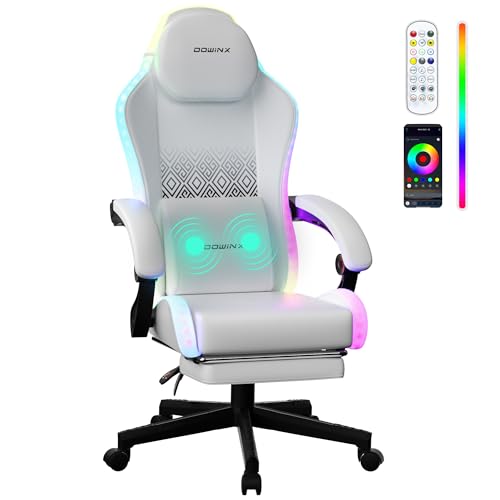 Sedia da gioco con luci RGB, sedia da gioco a LED con poggiapiedi per adulti, ergonomica, con supporto lombare, per videogiochi, in pelle PU, colore bianco - Sedia gaming