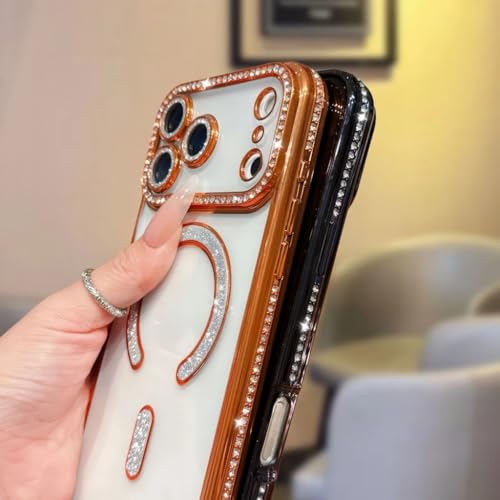 Image of for iPhone 17 Pro Max Magnetic Glitter Case,Luxury Bling Rhinestone Diamond Plated Bumper Case Sparkle Camera Lens Protection Clear Cover for iPhone 17 Pro Max (Silver)