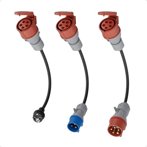 dé Set de Adaptador CEE 16A 5 Polos para 11kW Cargador EV/Estación de Carga a CEE Rojo 32A / CEE Azul 16A / Enchufe Doméstico 230V con Cable de Goma 0,5m H07RN-F 3G2.5mm² IP44 Uso Exterior
