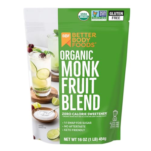 BetterBody Foods Organic Monk Fruit Allulose Sweetener Blend, Raw Cane Sugar Substitute, Zero Calorie, Keto Diet Friendly, Zero Net Carbs, Zero Glycemic, Baking, Extract, Sugar Replacement, 1lb, 16oz