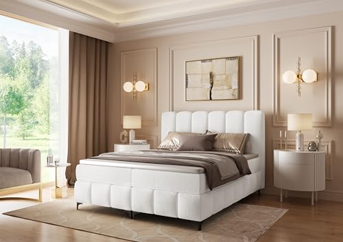 FURNISTAR Boxspringbett Tina 160x200 mit Matratze und Bettkasten - Doppelbett Familienbett mit Topper Stauraum Bubblebett Polsterbett Hotelbett - Weiß