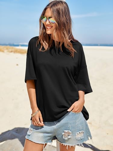 Tankaneo Womens Oversized Tshirts Summer Casual Short Sleeve Crew Neck T Shirt Loose Fit Side Slit Tee Tops2