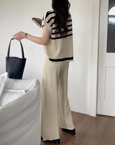 Lucrosun Women's Sweater Sets 2 Piece Sets Striped Knit Pullover Top Wide Leg Pants2
