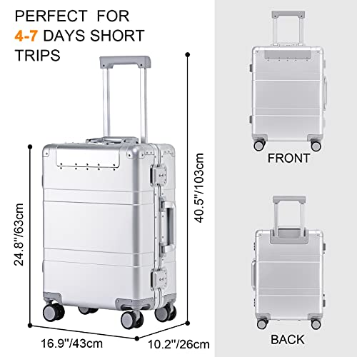 Bamboo Wolf 24-Inch Aluminum Carry-On Luggage Suitcase With Locked Compartment For Valuables, Built-In Tsa Lock, Zipperless Fashion With Spinner Wheels For Travel/Business, Silver #TOP5