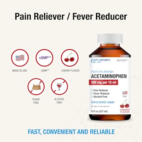 Puregen Labs Adult Extra Strength Acetaminophen Liquid 500mg/15ml - 8 fl oz Rapid Burst Pain Reliever/Fever Reducer, Cherry Flavor | Muscle & Joint Pain Relief | Arthritis Pain Relief