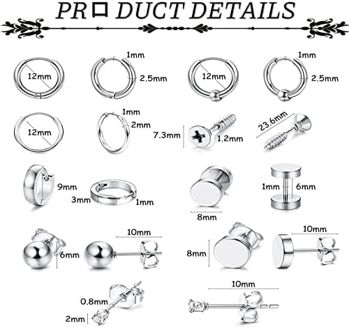 JeweBella 14Pairs Mens Earrings Stainless Steel Punk Stud Earrings Cross Dangle Earrings Feather Zircon Hoop Earrings Hypoallergenic Piercing Earrings Set for Men Women Black/Silver