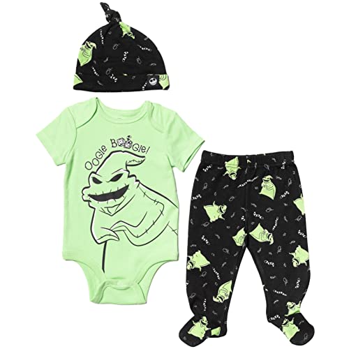 Image of Disney Nightmare Before Christmas Zero Sally Oogie Boogie Baby Bodysuit Pants and Hat 3 Piece Outfit Set Newborn to Infant