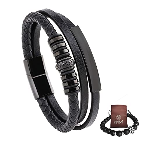 Bracelet manchette multicouche homme en cuir noir pour look rock urbain