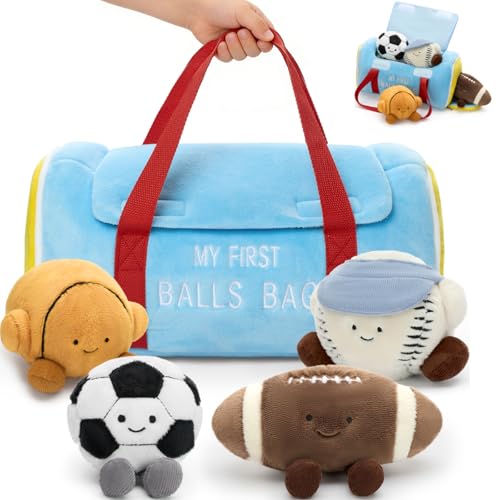 MaoGoLan 12.6inch My First Sports Bag, 5Pcs Soft Plush Baby Sports Toys Set with Storage Bag- Plush Basketball, Baseball, Football and Soccer Ball Toys, Ideal Baby Shower Birthday Gift for Boys Girls