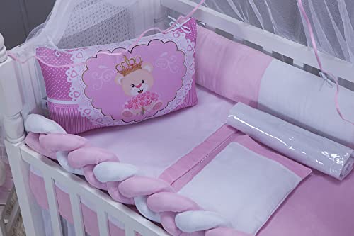 Kit Protetor de Berço Sublimado Trança Menina Ursa Majestade Rosa Com Saia 10 Peças