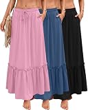 Ficerd Pack de 3 Faldas Maxi Boho para Mujer, Falda Larga de Capas con Volantes, Cintura Alta con Cordón, Vestido Casual con Bolsillos(Negro, Azul Vaquero, Rosa,S)