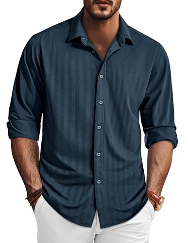 PJ PAUL JONES Camisa de vestir de manga larga para hombre, elegante, elástica, no necesita planchado, camisa formal de negocios, azul, L