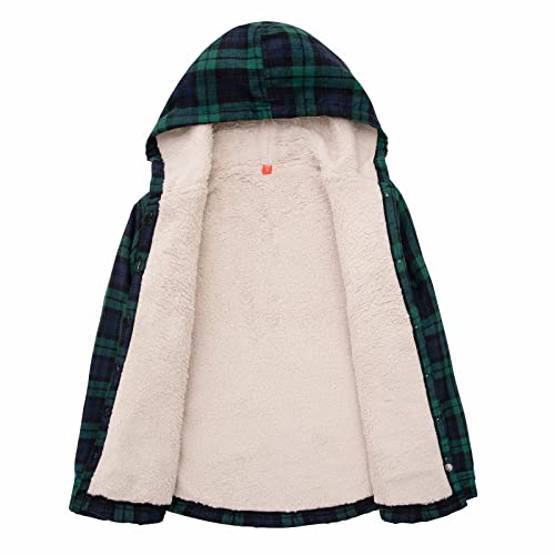 Image of ThCreasa Girls Sherpa Lined Plaid Button Hooded Jacket | Fully Interior Lined, Button Up, Flannel Outer, Family Photo Ready, School To Holiday Events, Fall Winter Shacket With Hood
