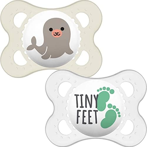 MAM Night Soothers 0-6 Months (Pack of 2), Glow in the Dark Baby Soothers with Self Sterilising Travel Case, Newborn Essentials, Pink/White, (Designs May Vary)