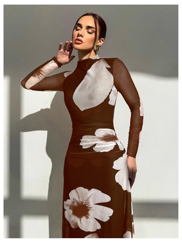 Image of Verdusa Women's Floral Wedding Guest Dress Long Sleeve Mesh Slimming Cocktail Vacation Maxi Dresses